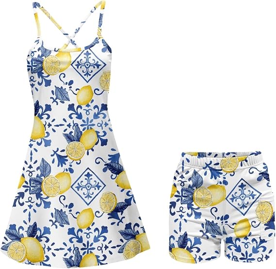 Women Golf Tennis Dress Size XS-2XL Spaghetti Strap Workout Dress with Pocket with Shorts