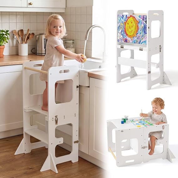 labebe Toddler Standing Tower for 12M+, Montessori Foldable Learning Standing Tower with Blackboard, Anti-tip Structure Design,Wooden Kitchen Step Helper Stool for 1-3 Year Old Boy Girl Gift