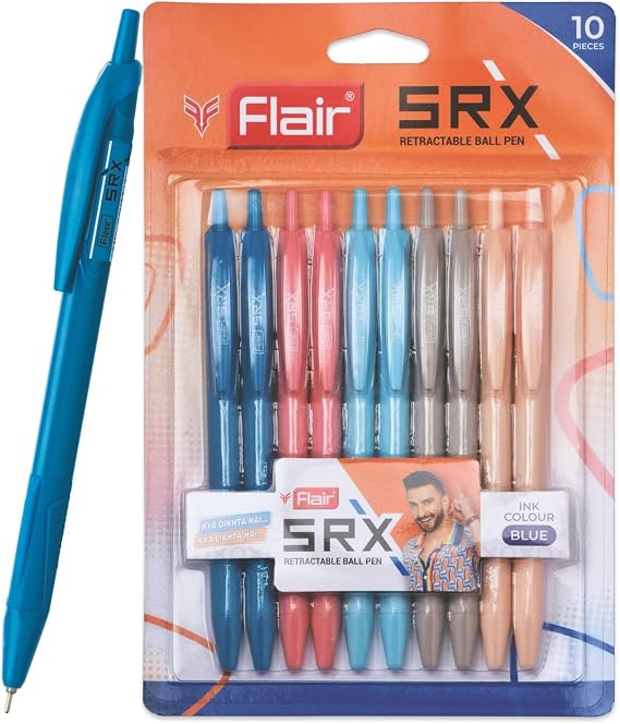 FLAIR SRX Ball Pen Box Pack | 0.7 mm Tip Size | Retractable Mechanism With Triangular Grip For Better Hold | Smooth Writing Experience | 5 Unique Body Colors | Blue Ink, Set Of 10 Pens
