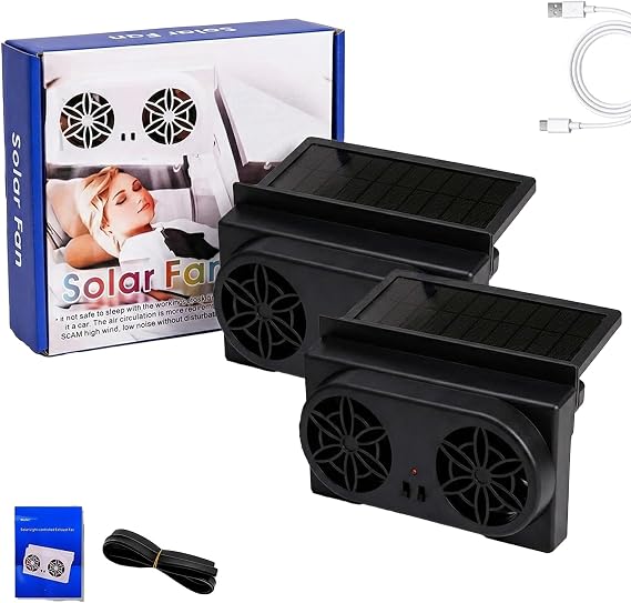 Solar Powered Car Ventilator Fan with Sealing Strip, Dual Power Car Window Fan Solar Powered for Auxiliary Cooling in Parked Vehicles, White, 9.06x4.45x2.05 Inches (2Pcs Black)