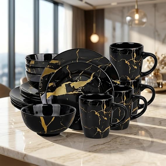 Alivio 16-Piece Premium Porcelain Dinnerware Set, Black & Gold Marble Design, Scratch-Resistant, Luxury Tableware Collection