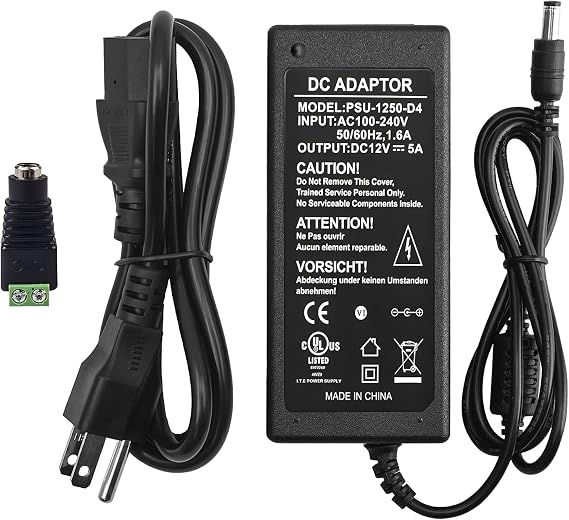 12V 5A Power Supply Adapter, 60W, AC 100-240V to DC 12V | For CCTV Security Surveillance Cameras, Router & LED Strip Light Compatible, Female Plug Connector Terminal, UL-Listed