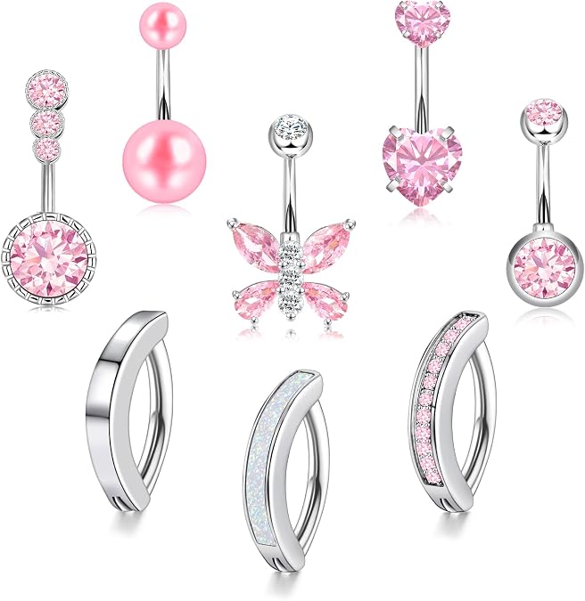 14G Belly Button Ring 8Pcs Piercing Stainless Steel Rings Cute CZ Heart Butterfly Clicker Jewelry for Women