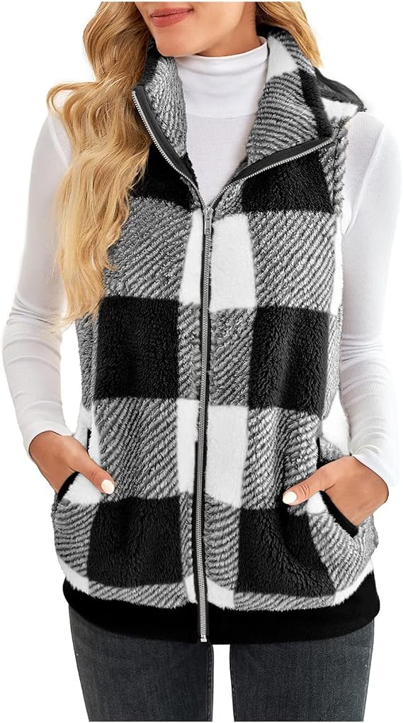 Women's Fuzzy Sherpa Fleece Jacket Lightweight Vest Cozy Sleeveless Cardigan Full Zip Waistcoat Outerwear with Pockets