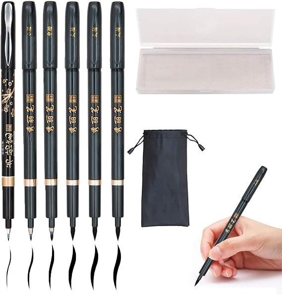 Hand Lettering Calligraphy Pens Brush Marker 4 Size Refillable 6pc