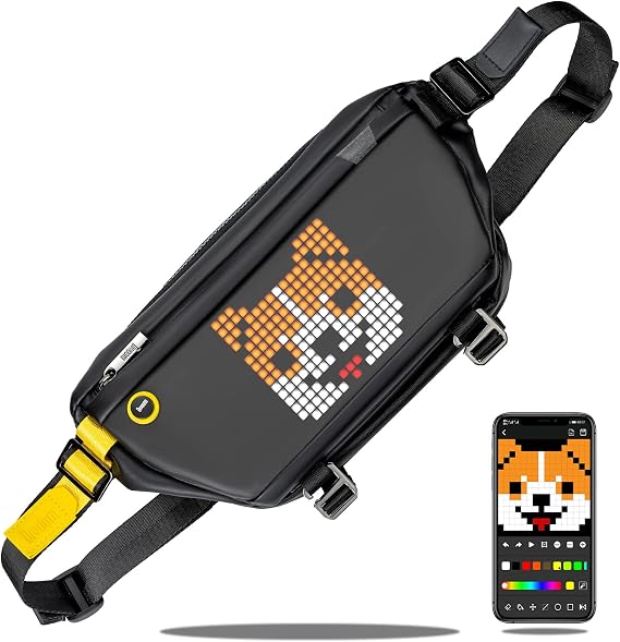 Divoom Pixoo Pixel Art Sling Bag göğüs çantası, sırt çantası, omuz çantası, uygulama kontrollü 16 x 16 LED ekran kemer çantası, su geçirmez, erkekler ve kadınlar için spor çantası