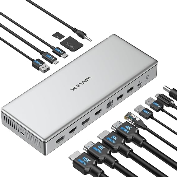 WAVLINK DL7400 USB C DisplayLink Premium Docking Station, 2xHDMI and 2xDisplayPort, Single 10K@60Hz, Dual 8K@60Hz, Quad 4K for M1/M2/M3 Mac & Windows,100W Charging, Compatible with New MacBook Neo
