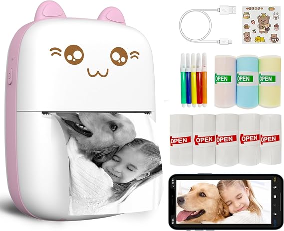 Mini Printer Portable, Inkless Sticker printer with 8 Rolls Paper, Bluetooth Wireless mini thermal printer Compatible with iOS + Android for Journal, Memo, Photo, Print Pod Gifts for Girls Kids (Pink)