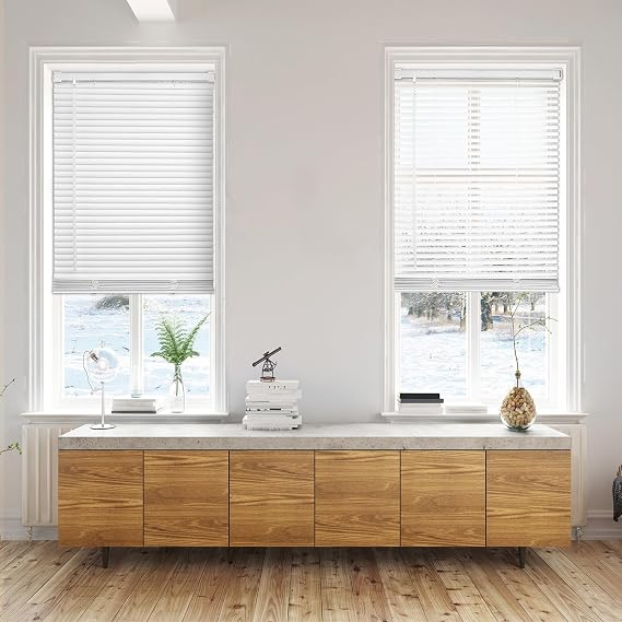 Changshade Venetian Vinyl Mini Blinds 1 Inch Cordless Horizontal Window Shades Pull Down Light Filtering Privacy 1" Vinyl Slat Size with Tilt Wand for Home Office, Easy to Install, 32" Wx64 H, White
