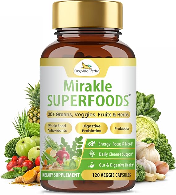 Organic Veda Mixed Greens Veggies Super Fruits Antioxidants Supplement with Digestive Pre & Probiotics - Mirakle Superfoods 40+ Organic Whole Food Nutrients, Vitamin C, Resveratrol - 120 Capsules