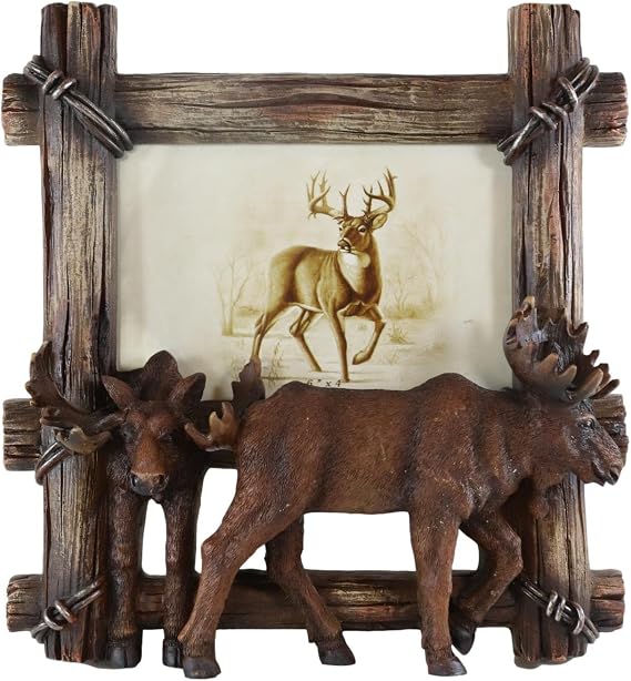 Ebros Gift Country Rustic Wildlife Elk Moose By Barbed Wire Wooden Farm Fence Easel Back Picture Frame for 4"X6" Photo Hunters Deers Mooses Antler Racks Cabin Lodge Cottage Accent