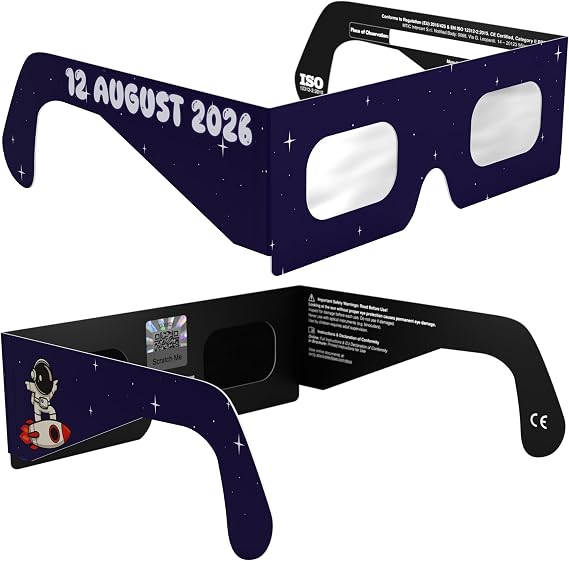 Solar Eclipse Glasses ISO 12312-2 & CE Certified – Safe Solar Viewing for Direct Sun & August 2026 Eclipse | Paper Cardboard Frame, Made in EU | For Kids & Adults