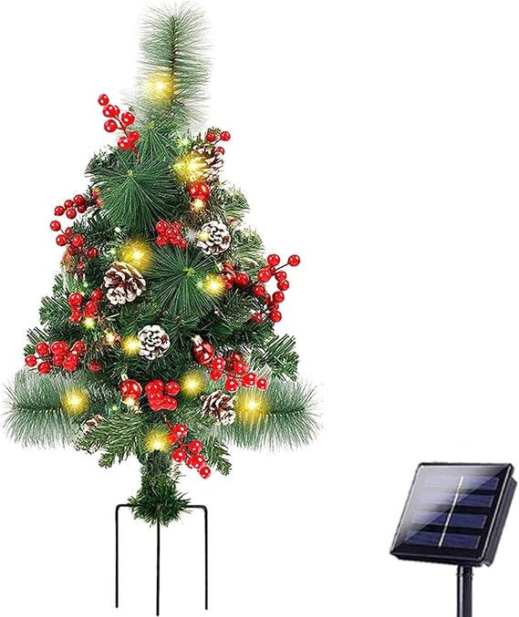 Prelit Artificial Christmas Trees Lights 17.2 Inch Solar Christmas Tree Pathway Lights with Stake Red Berries Pinecones Waterproof Xmas Urn Filler Solar Stake Lights Garden Decor(1Pcs/Solar Powered)