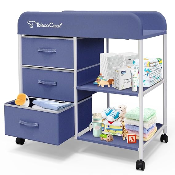 Baby Changing Table, Portable Changing Table, Diaper Changing Station with Waterproof Pad, Changing Table Dresser with 3 Storage Baskets, Mobile Nursery Organizer for Newborn Essentials