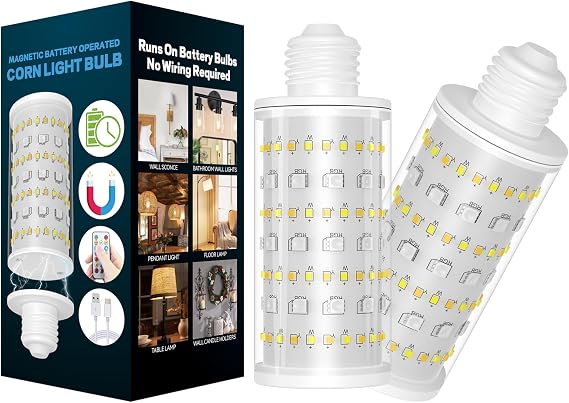 Battery Operated Light Bulb With Remote Control, 2 Pack Rechargeable Light Bulbs 360 lighting For Non-Hardwired Lamp, 10000mAh RGB Dimmable Bulbs Lighting Time Up To 60 Hrs for Home Power Outage