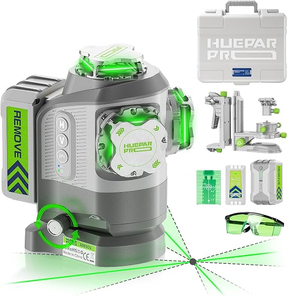 Huepar Pro 2026 New Outdoor Laser Level 360 Self Leveling with Fixed-Point Pivot Alignment, 3x360 Green Lazer Leveler Tool-Remote Control &Rechargeable Battery, 1/13" Accuracy for Construction GS03CG