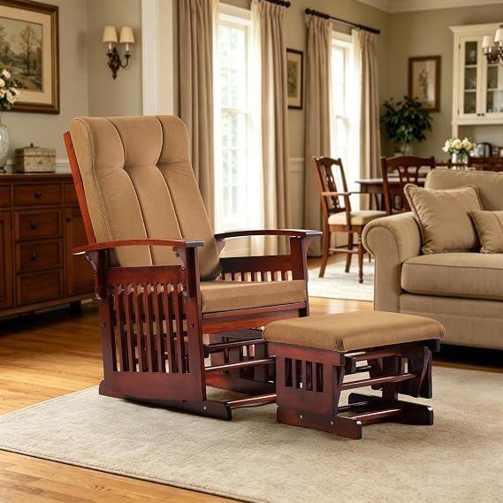 Rustic Glider Chair for Nursery with Ottoman, Resistant Rubber Wood Nursery Glider and Ottoman Sets for Relaxing, Rocking Chair for Living Room Bedroom (Brown)