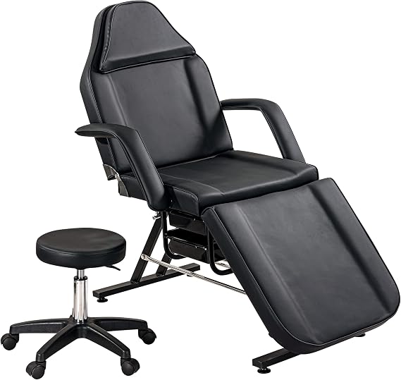 Tattoo Bed Tattoo Chair Massage Salon with Two Trays Esthetician Bed with Hydraulic Stool,Multi-Purpose 3-Section Facial Bed Table (White + PU)