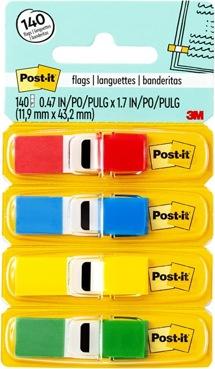 Post-it Flags, 35/Dispenser, 4 Dispensers/Pack.47 in Wide, Assorted Primary Colors (683-4)