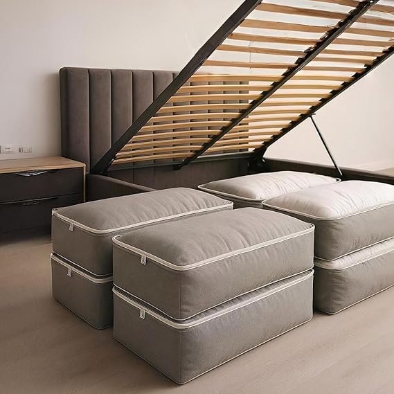 Deconox 4 Adet Büyük Boy Bazaaltı Kalın Kumaş Hurç | Kazak Yastık Çok Amaçlı Yatakaltı Düzenleme Hurcu Gri (64cmx45cmx20cm)