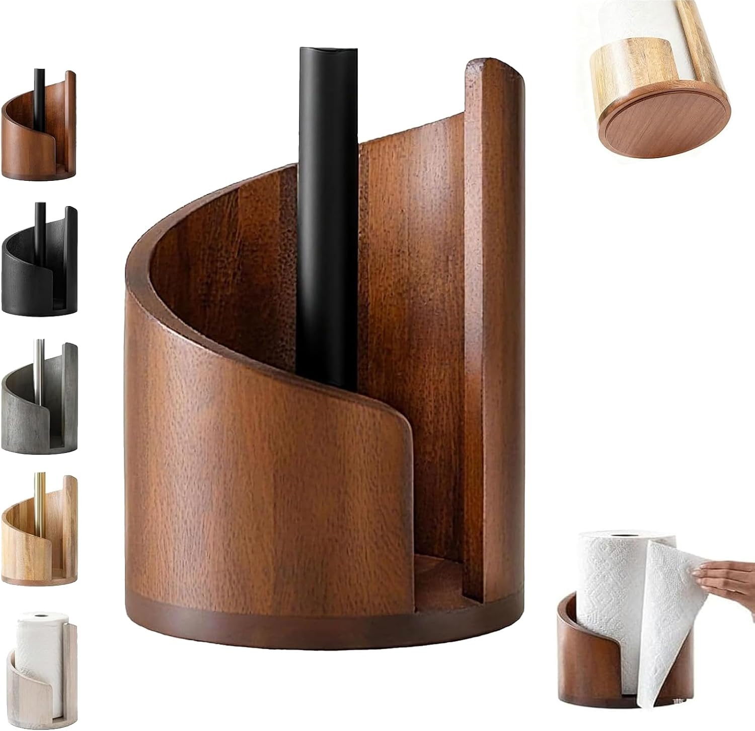 Mountain Paper Towel Holder Countertop with Mango Wood Round Base and Iron Holder, Wood Paper Towel Holders Countertop, Effortless One-Hand Tearing, Holds Jumbo and Mega Rolls 1PCS-A