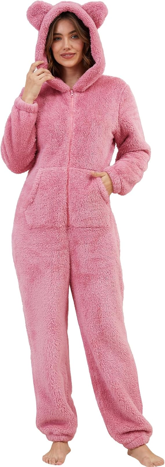Flygo Womens Fleece Onesie Pajamas Winter Warm Fuzzy One Piece Romper Loungewear Teddy Ears Zipper Hooded Jumpsuit Sleepwear