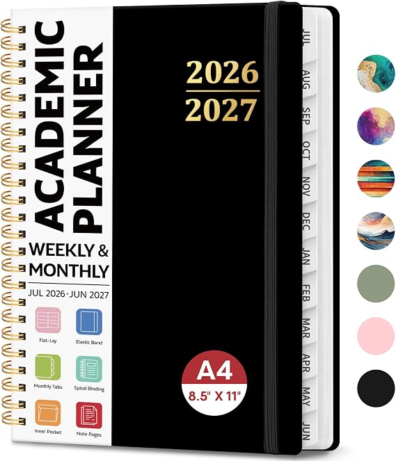 8.5" x 11" Academic Planner 2026-2027, Weekly & Monthly Calendar Planner Book, July 2026 June 2027, Large Hardcover Organizer with Tabs, Perfect for Teachers, Students, Women & Men A4, Black