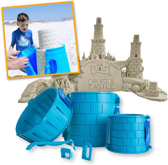 Create A Castle Sandcastle Kit as Seen on Shark Tank, 6 Piece Outdoor Beach Toy Set for Kids and Adults, Towers, Building Tools, Portable Mesh Storage Backpack - Pro Blue