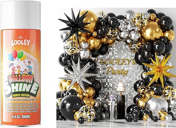 LOOLEY Balloon Shine Spray, 7 fl.oz Long Lasting High Shine Balloon Spray with 137pcs Black Gold and Silver Balloons Arch Kit for Party and Event Decorations