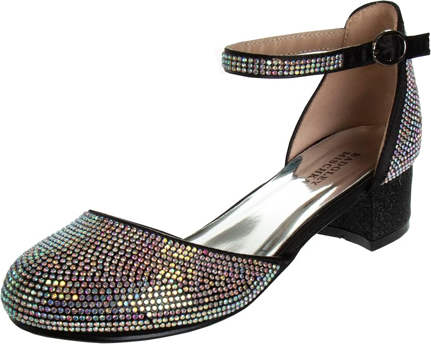 Badgley Mischka Girls Dress Block Medium Heel Party Pumps Closed Toe Ankle Strap High Heels for Girl - Black/Silver/Champagne/Rose Gold (Sizes 11-13 Little Kid/Sizes 1-5 Big Kid)