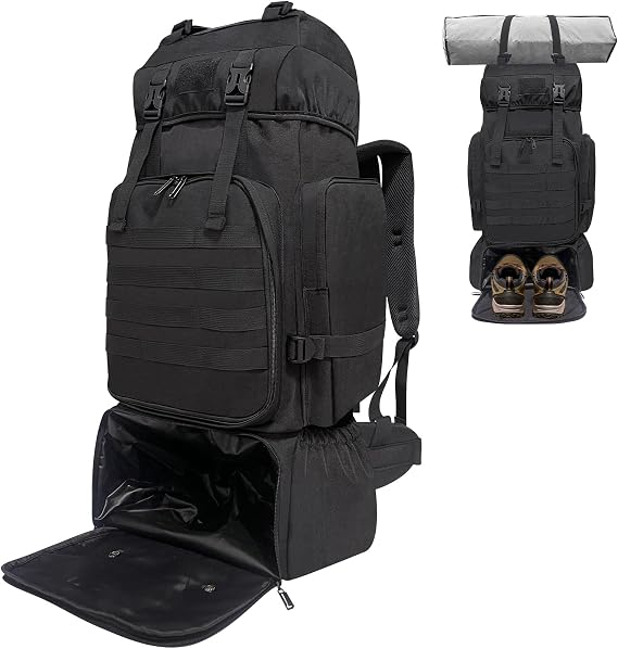 Hiking Backpack, 80L Molle Military Tactical Rucksack, Camping Backpack with Shoe Compartment, Lightweight Rucksack for Men, Water Resistant Travel Backpack Survival Bag Hiking Bag (Black)