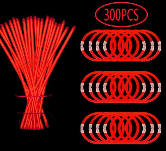 300 PCS Red Glow Sticks Bulk Glow in the Dark Bracelets and Necklaces with Connectors 8" Glowsticks Light Up Neon Party Favors for July 4th Halloween Christmas Wedding Carnival