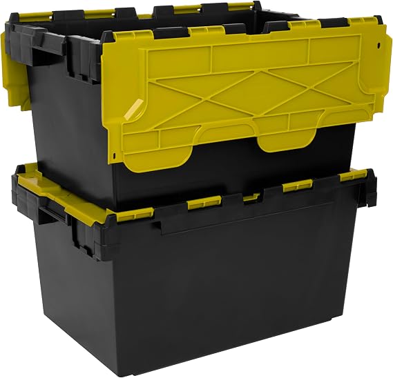 Plastor Pack of 2 - Large Plastic 80 Litre Heavy Duty Storage Boxes (71 x 46 x 36.8cm) Black and Yellow LC3 Crates with Attached Hinged Lids