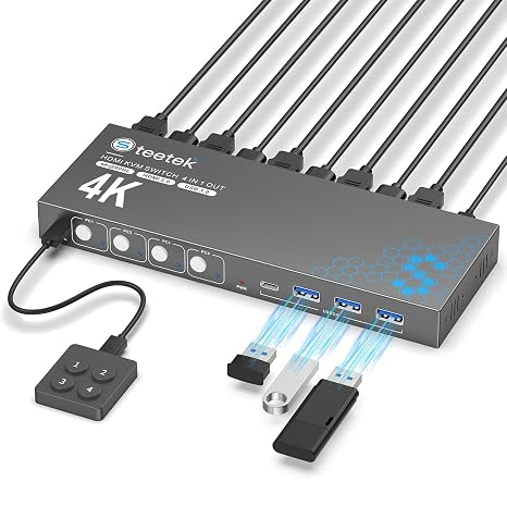 USB 3.0 HDMI KVM Switch 1 Monitors 4 Computers, 4K@60Hz KVM Switches for 4 Computers Sharing Monitor Keyboard Mouse Hard Drives Printer, with EDID Adaptive,1 HDMI Cable and 4 USB Cable