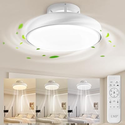 LMP Ceiling Fans with Lights and Remote, 19 Flush Mount Modern Ceiling Fan, Low Profile Ceiling Fan with Light, Bladeless Fandelier Stepless with Color Temperature Change and Speeds for Bedroom