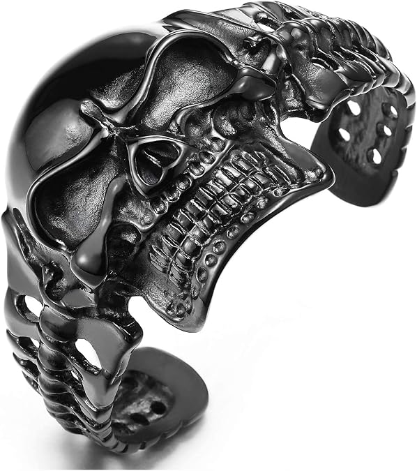 COOLSTEELANDBEYOND Heavy and Study Mens Stainless Steel Biker Skull Cuff Bangle Bracelet Silver Black Two-Tone Polished