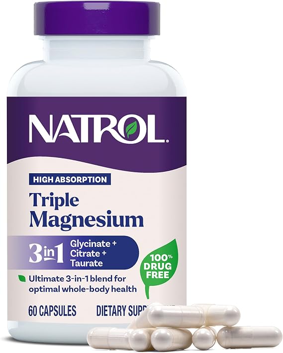 Natrol High Absorption Triple Magnesium, Glycinate&Citrate&Taurate, 60 Caps