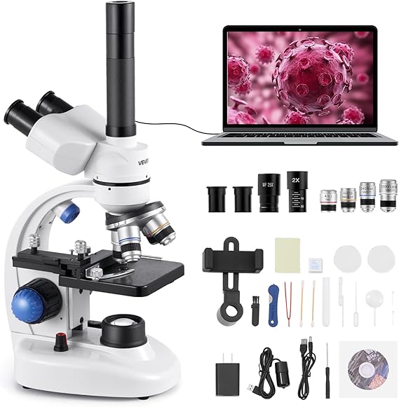VEVOR Trinocular Microscope, 40-5000X Magnification, Professional Compound Microscope for Adult with Phone Adapter, LED Light, Aluminum Alloy Body, for Lab, School, Home, Education