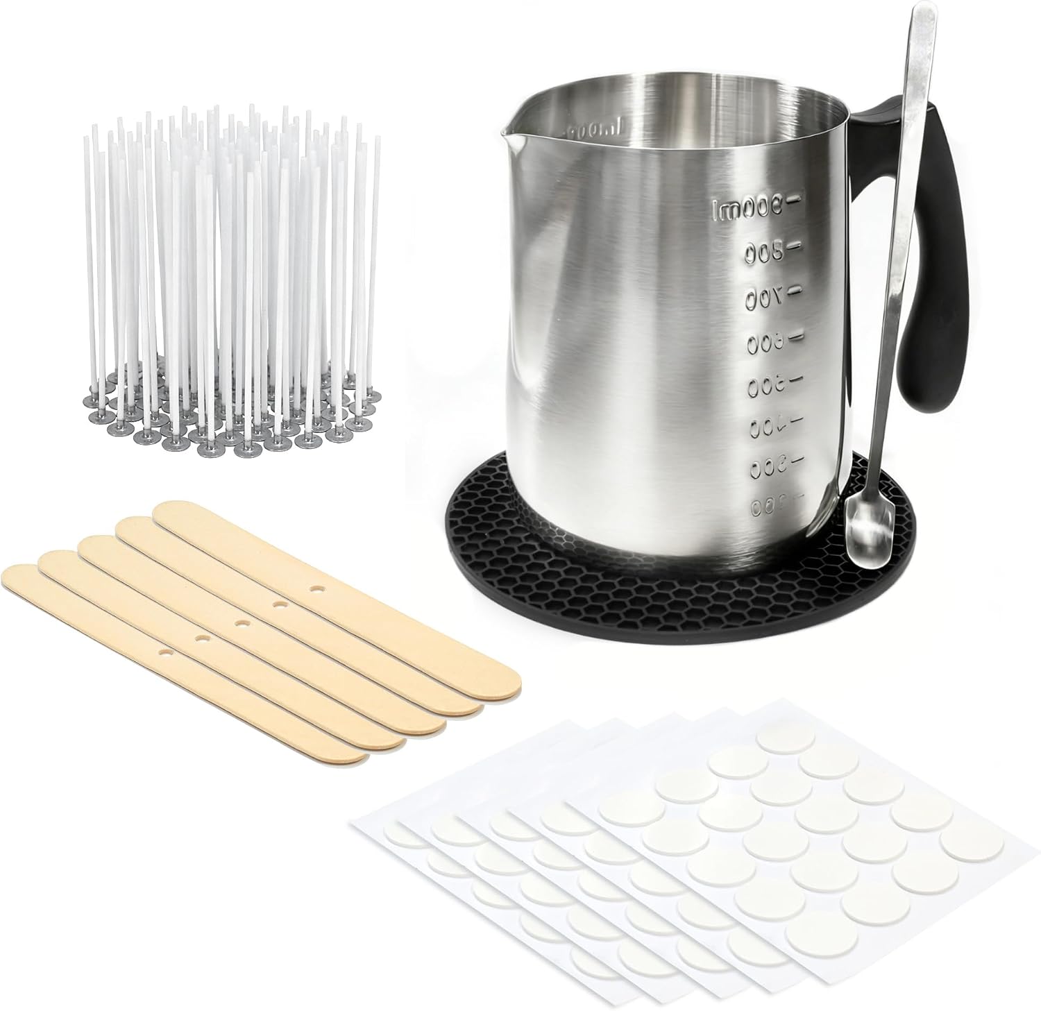 VALLYDOM Candle Maker Set Complete with 1000 ml Measuring Cup, 100 Candle Wicks 10 cm, 100 Wick Stickers, 5 Balance Sticks, Heat Protection Pad, Spoon for DIY Candle Crafts