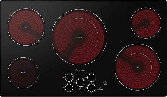 36 Inch Electric Cooktop 5 Burners, Electric Stove Top with Knob Control, Built-in Ceramic Stove, Fast Heat, 9 Heating Level, 9000W with Hard Wire for 220V~240V