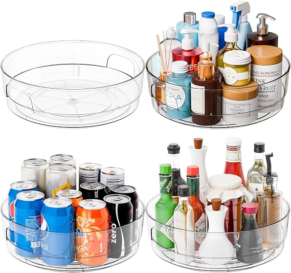 Yieach 4 Pack 12" W Clear Acrylic Lazy Susan Turntable for Cabinet,Refrigerator,Pantry and Kitchen - with Handle - Large Fridge Sauce Condiment Turn Table Organizer,Spinning Round Spice Rack Carousel