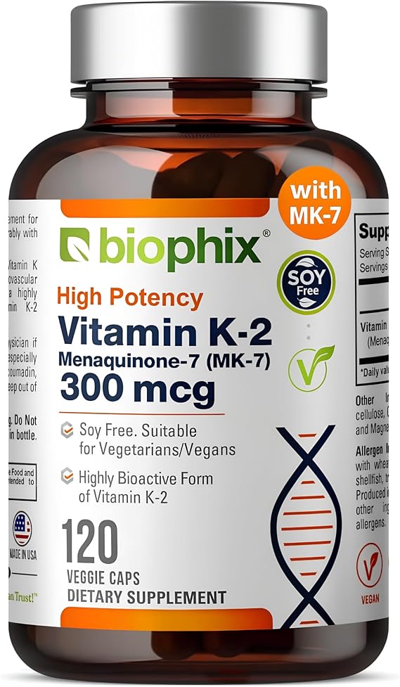 biophix Vitamin K2 MK-7 300mcg, 120 Vegan Capsules High-Potency Supplement for Bone Strength and Immune Health