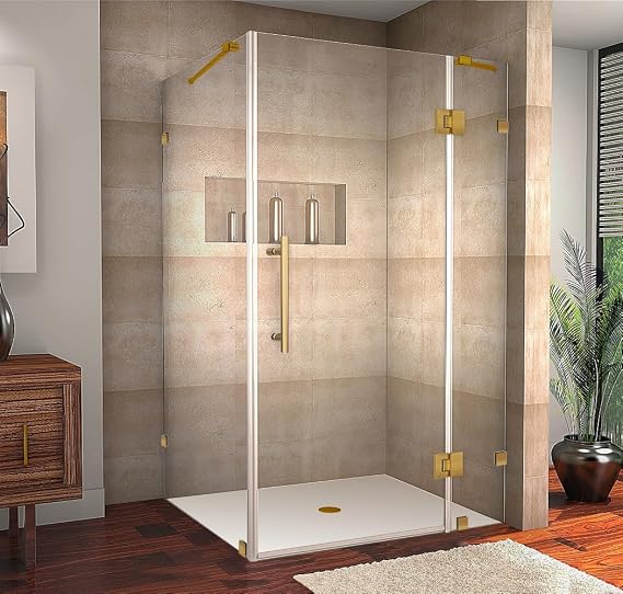 Avalux 46 in. W x 30 in. D x 72 in. H Rectangular Pivot Frameless Corner Shower Enclosure in Brushed Gold with Clear Glass