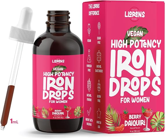 Llorens Iron Drops for Women 20mg per mL, Vegan, Berry Daiquiri 4 Fl Oz