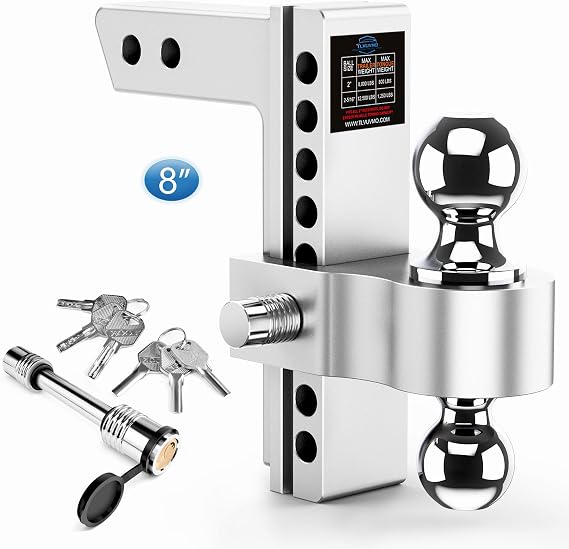 Tlvuvmo Drop Hitch Fits 2 Inch Receiver, 8 Inch Adjustable Trailer Hitch | 12,500 LBS GTW, (2" & 2-5/16") Chrome Plated Steels Balls, Aluminum Tow Hitches with Two Anti-Theft Pins Locks