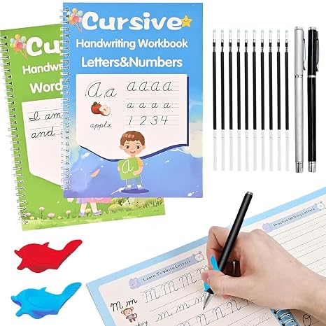 2 Pack Grooved Cursive Handwriting Workbook for Kids and Adults, Reusable Cursive Workbook Set with Pens & Refills, Learn to Write Cursive Script, Perfect for Kids Ages 8-12, Teens & Adult Beginners