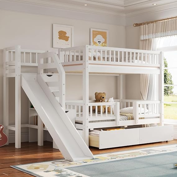 Virubi Twin Over Twin Bunk Bed with Slide and Storage Stairs &Drawers, Solid Wood Bunk Bed with Storage Stairs &Drawers,Slide and Guardrails, No Box Spring Needed (White,Twin Over Twin)