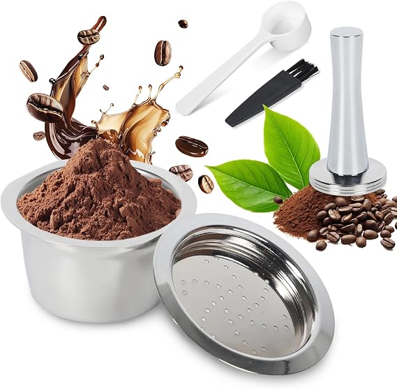 Reusable Coffee Pods for K-Fee Machines Stainless Steel Coffee Capsule Pod Filter Refillable Coffee Pods with 1 Spoon 1 Brush 1 Tamper