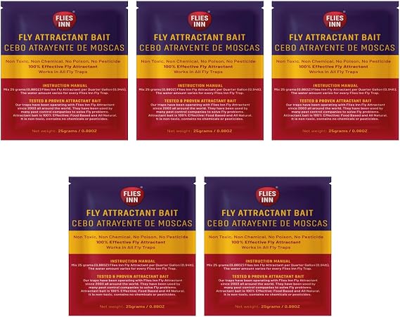 Fly Attractant Bait Refills for Outdoor Fly Traps, Low Odor, Works with Every Fly Trap (5 Pack, 5)