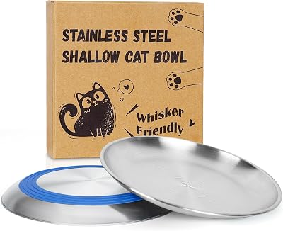 Supet Whisker Frinendly Cat Plates for Wet and Dry Food, Cat Bowls with Non-Slip Bottom, 304 Stainless Steel Flat Wide Shallow Dishes for Indoor Kitten 2Pcs